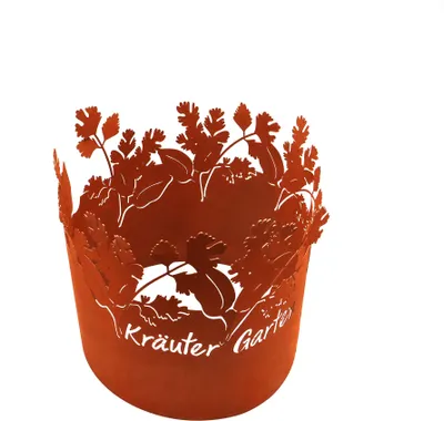 A decorative metal planter with a cut-out design of herbs and the text "Kräuter Garten".