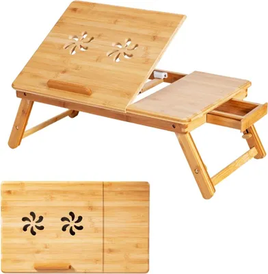 Image de Bureau pour ordinateur portable en bambou réglable avec plateau inclinable, pliable