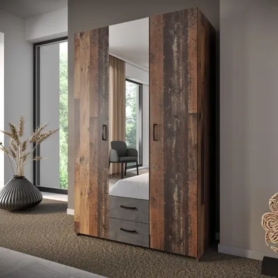 Produktbild von Forte ECONOBOX Kleiderschrank 120, rustikal, 3-türig, 2 Schubladen, Spiegel, Einlegeböden, Holzwerkstoff, Old Wood Vintage Holzdekor|Betonoptik Grau, 119,4 cm breit x 190,5 cm hoch x 54,4 cm tief