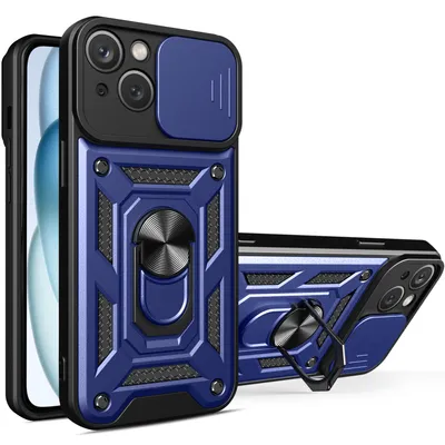 Obrázek produktu pro Pouzdro pro iPhone 15, TPU Nárazník Silikonové Pouzdro s Kroužkem Stojánek, Ochrana Kamery modré