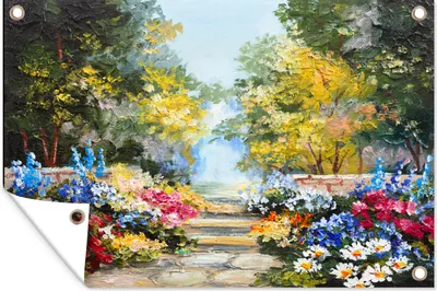 Produktbild von MuchoWow® 90x60 cm Outdoor-Poster Gartendeko Sichtschutz Garten Poster für den Garten  Malerei - Blumen - Natur - Ölfarbe