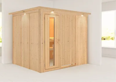 Produktbild von Karibu Sauna Innensauna Gobin Fronteinstieg ohne Zubehör 245x210x202 cm mit Dachkranz mit Energiespartür