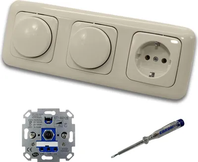 Produktbild von REV Ritter (2 x) LED Drehdimmer Dimmer + Busch Jäger Dimmerscheiben 2115-212 und Steckdose 20EUC-212 in DURO2000 cremeweiß glänzend inklusive EBROM Phasenprüfer zur Montage der Geräte ET1 66012B