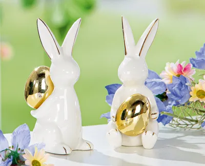 Immagine prodotto di Gilde Figur, Hase, "Hugo", Eimotiv, Porzellan, weiß, VE 6, 2 Stück wie abgebildet, L. 8 cm, B. 5 cm, H. 13 cm 58148