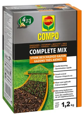 Produktbild von Compo Rasensamen 1,2 kg für 6 m² - Complete Mix - Ausbesserung stark beschädigter Rasenflächen - 4 in 1 : Rasensamen, Blumenerde, Dünger + Kalk - schnelle Keimung - Rasensamen + Blumenerde + Dünger + Kalk
