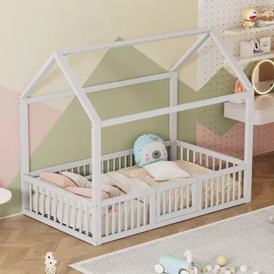 Zdjęcie produktu dla łóżko z litego drewna 90x200 cm, łóżko dziecięce z drzwiami i bramką zabezpieczającą, solidna rama łóżka w kolorze białym, bezpieczna i dekoracyjna