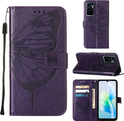 Produktbild von VIVO S10E 5G Hülle, Schmetterling Prägung Flip Leder Kartenfächer Schutzhülle Ledertasche mit Ständer für VIVO S10E 5G / V23E 4 5G / Y75 4G Lila