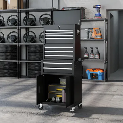 Produktbild von Werkzeugschrank 3-in-1 mit 9 Schubladen, Werkzeugkiste rollbar, Stahl, Schwarz | 69,5 x 33 x 133 cm | 4 Rollen | abschließbar