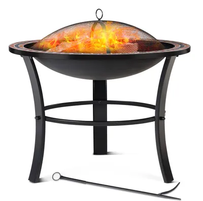 A black fire pit with a mesh cover and flames inside, resting on a white background. A fire poker tool is placed in front of the fire pit.