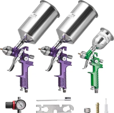 Zdjęcie produktu dla Zestaw pistoletów lakierniczych - 3-częściowy pistolet lakierniczy z podawaniem grawitacyjnym - 3 dysze 1,0/1,4/1,8 mm - 3 kubki - Regulator powietrza - Do lakierów samochodowych, podkładowych i nawierzchniowych