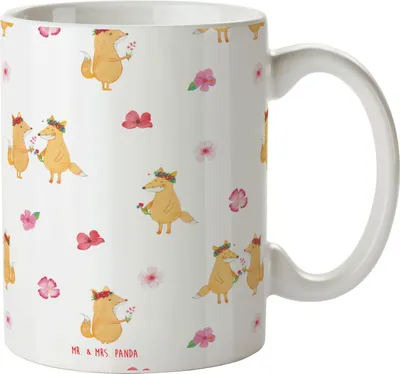 Produktbild von Mr. & Mrs. Panda Pott Fuchs Blumen - Weiß - Geschenk, Blumenliebe, Tasse, Blume, Kaffeebecher, Kaffeetasse, Keramikbecher, Liebe, Trinkbecher, Teetasse, Boho