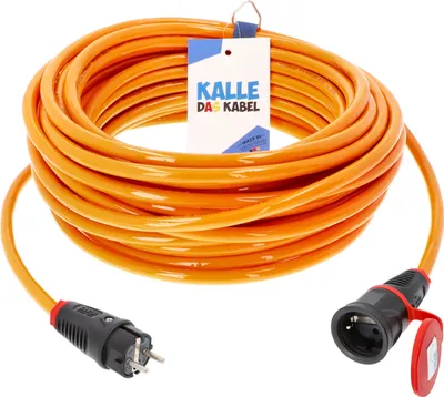 A coiled orange extension cord with black and red connectors.