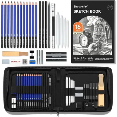 Productafbeelding van Set van 37 stuks: potlood (graphiet) en houtskoolstift, verpakt in een doos van 37 stuks