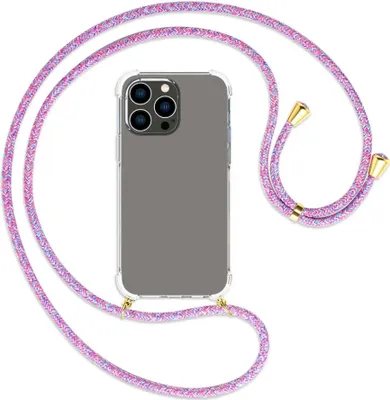 Produktbild von Handykette Backcover-Schutzhülle mit Band (Metall goldfarben) für Apple iPhone 14 Pro Max (6.7'') - lila/rosa/blau