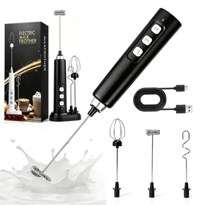 Milchaufschäumer, USB-aufladbar, 3 Quirle, 3 Geschwindigkeiten, schwarz