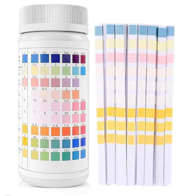 Zdjęcie produktu dla Paski testowe do wody – 9 w 1 – 100 sztuk – Test wody do akwarium i basenu – pH, chlor, azotany, azotyny, twardość, zasadowość, węglany, żelazo i miedź