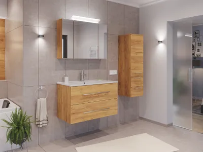 Produktbild von Badmöbel Set Firenze 90 3tlg. Spiegelschrank & Seitenschrank eiche gold : Eiche Gold