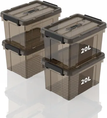 Zdjęcie produktu dla Pudełka do przechowywania zestaw 4 szt., 20 L, plastikowe pojemniki, przezroczysty czarny, do sypialni