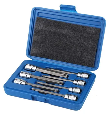 Imagen del producto de Juego de llaves Torx de 7 piezas - Llaves Torx - Vástago extra largo de 110 mm - Acero cromo vanadio - Incluye estuche - Ideal para lugares de difícil acceso - Puntas Torx