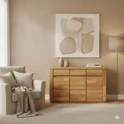 Produktbild von Kommode, Sideboard Bergen aus Kernbuche massiv geölt mit drei Türen und drei Schubladen , grifflose Optik , L: 127 x T 37 x H 79 cm