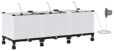 Obrázok produktu pre Sada 3 kusov bielych plastových kvetináčov do záhrady s automatickou závlahou a kolieskami