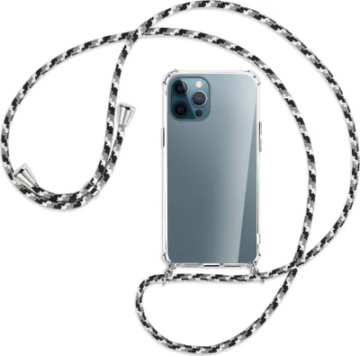 Produktbild von Handykette Backcover-Schutzhülle mit Band (Metall silberfarben) für Apple iPhone 12 Pro Max - schwarz/grau/weiß