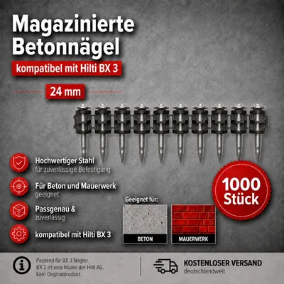 Produktbild von Betonnägel 24 mm – 1000 Stück kompatibel mit Hilti BX 3 – für Beton & Mauerwerk