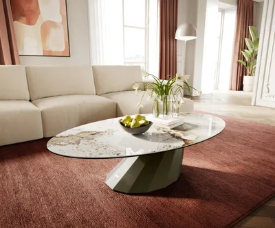 Produktbild von DELIFE Couchtisch Edge Oval 140x80 cm Keramik Minas Melange Parabi Metall Effektfinish Titan