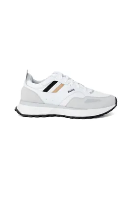 A single white sneaker with gray and tan accents is shown against a white background.