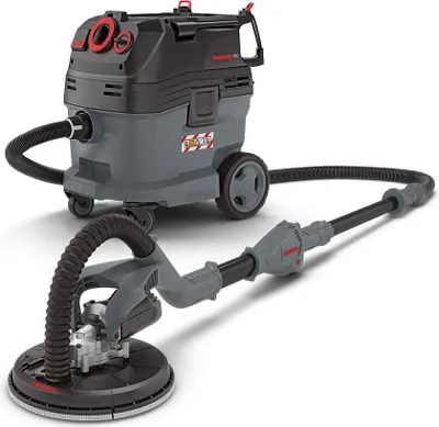 A dust-free drywall sanding system with a vacuum cleaner and a long-handled sander.
