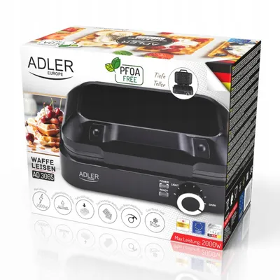 The image shows the packaging of a black waffle maker.