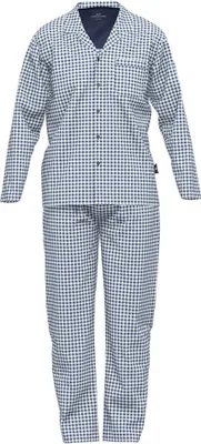 Produktbild von GÖTZBURG Herren Schlafanzug - Nachtwäsche, Pyjama, Baumwolle, Knopfleiste, kariert, lang Blau/Weiß S