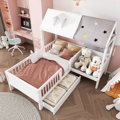 Produktbild von okwish 90*200 cm Hausförmiges Kinderbett mit Zeltstoff und Schubladen, multifunktionales Bett weiß ohne Matratze