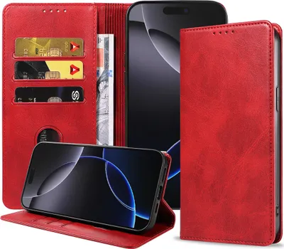 Produktbild von Smartphonica Handytasche passend für iPhone 16 Pro Max Kunstleder mit Magnetverschluss und Kartenfächern Bookcase mit Klappe - Rot