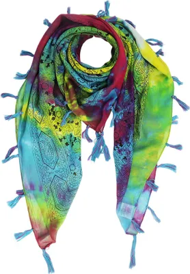 Produktbild von Baumwolltuch Indisches Blumenmuster bunt Batik Fransen Druck schwarz 100x100cm Halstuch quadratisches Tuch