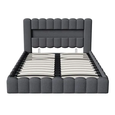 Produktbild von CDGlobal Polsterbett 140x200cm mit USB, Boxspringbett Doppelbett mit Stauraum und Lattenrost, Jugendbett mit Led, Massivholzbett Funktionsbett, Leinen, Grau
