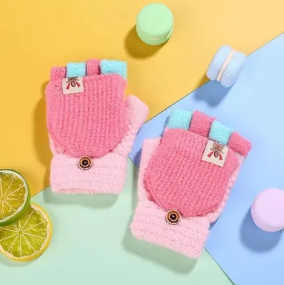 Produktbild von Kinder Halbfinger Handschuhe Fingerlose Fäustlinge Mädchen Winter Cartoon Fingerhandschuhe Strickhandschuhe Thermohandschuhe mit Klappe
