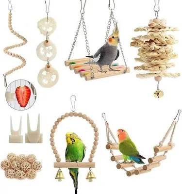 Productafbeelding van 18-delig vogel speelgoed - schommel, kauwspeelgoed, hangmat, klimladder voor papegaaien, conures, valkenpapegaaien, mijnasvogels en parkieten