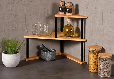 Produktbild von PolkaHome® Küchen-Eckregal mit 2 Ebenen, Bambus, B 52 x H 39 x T 29,5 cm, Natur/Schwarz – platzsparendes Eckboard für Gewürze,