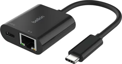 A black USB-C to Ethernet adapter with a USB-C cable attached.