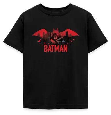 Produktbild von Spreadshirt Batman Mit Fledermäusen Und Rotem Batman-Logo Kinder T-Shirt, 98/104 (3-4 Jahre), Schwarz