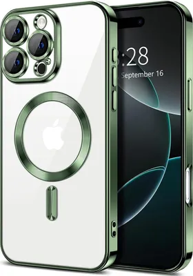 Produktbild von Magnetische Klar Hülle für iPhone 16 Pro Max, Kompatibel mit MagSafe, Elektroplattiert Handyhülle mit Kameraschutz Dunkelgrün