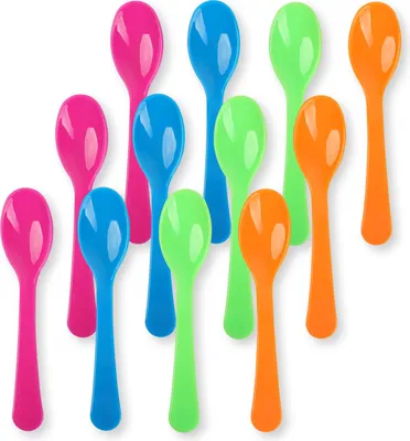 Produktbild von Schramm® Eierlöffel aus Kunststoff 4-farbig sortiert 12 oder 24 Stück wählbar 14 x 2,6 cm  BPA-frei wiederverwendbar Joghurtlöffel Babylöffel 12er oder 24er Pack Plastiklöffel , Größe:12 Stück