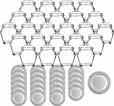 Produktbild von gouveo 24er Set Einmachgläser 106 ml Henkel mit Schraubverschluss silberfarben - Kleines Vorratsglas mit Deckel für Marmelade und Selbstgemachtes