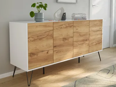 Produktbild von Kommode Maxim 155cm stehend 4 Türen Weiß/Eiche Front : Oak Gold / Weiss hochglanz Varianten: Oak Gold / Weiss hochglanz