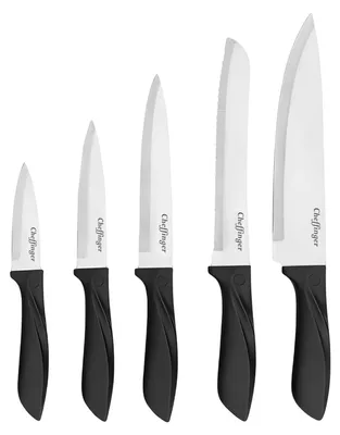 Produktbild von Cheffinger, 6-teiliges Edelstahl Messer-Set mit Holzblock, ergonomische Griffe, Schwarz / Silber