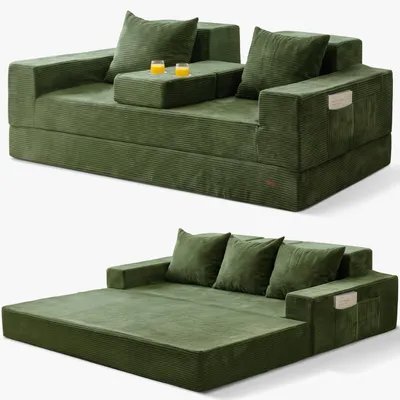 Klappbares Cord-Schlafsofa mit Becherhalter, 3-Sitzer, Dunkelgrün
