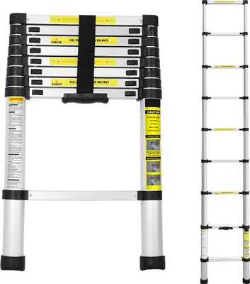 Produktbild von VINGO 2.6M Teleskopleiter Aluminium Mehrzweckleiter Fingerklemmschutz Auszeihleiter  Klappbar Aluminiumleiter Antirutsch bis 150 KG