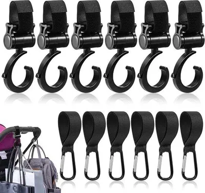 Immagine prodotto di 6 ganci per passeggini con rotazione a 360°, neri, 28x10x10 cm, per auto e bicicletta