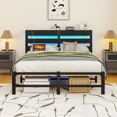 Produktbild von 120x200 mit Bettgestell LED Beleuchtung, LED-Beleuchtung und USB-Ladestation, Metallbett mit aus Metall, Bettgestell ohne Matratze, Bettrahmen mit Stauraum unter dem Bett Matratze